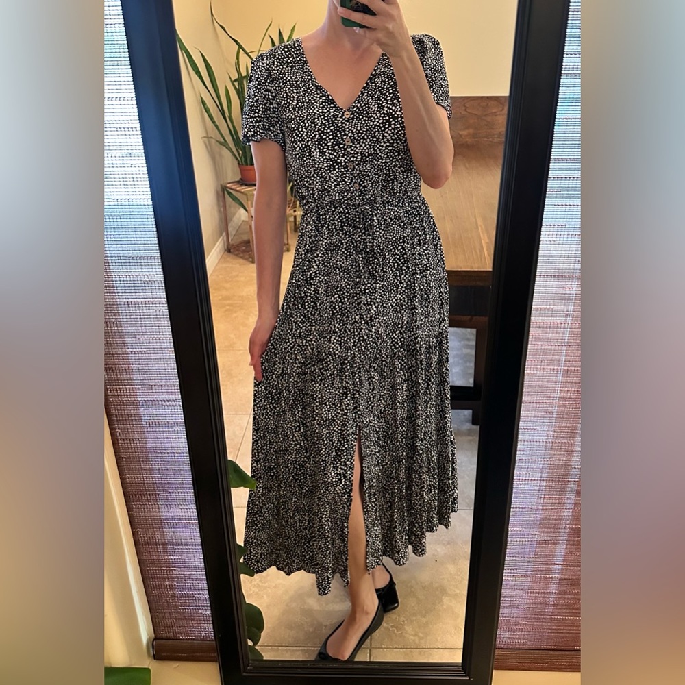Modest Black & White Speckle Midi Summer Dress with Front Slit